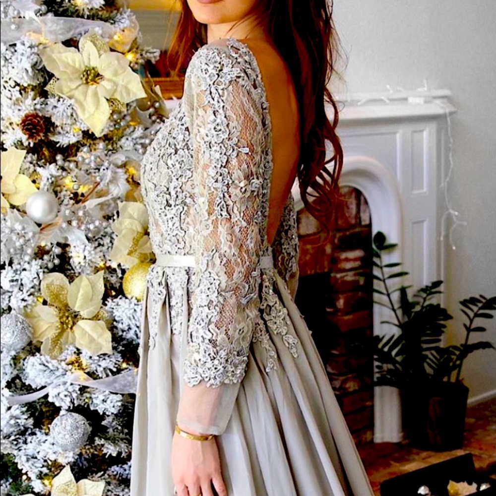 Lace Appliqué Maxi Dress in Silver Gray
